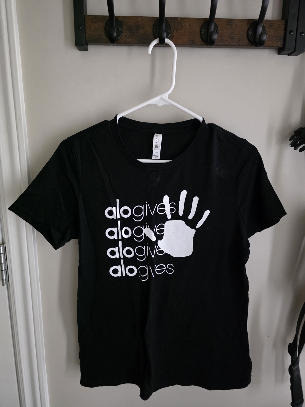 ALO Yoga Black Short Sleeve Tee with White Handprint Graphic